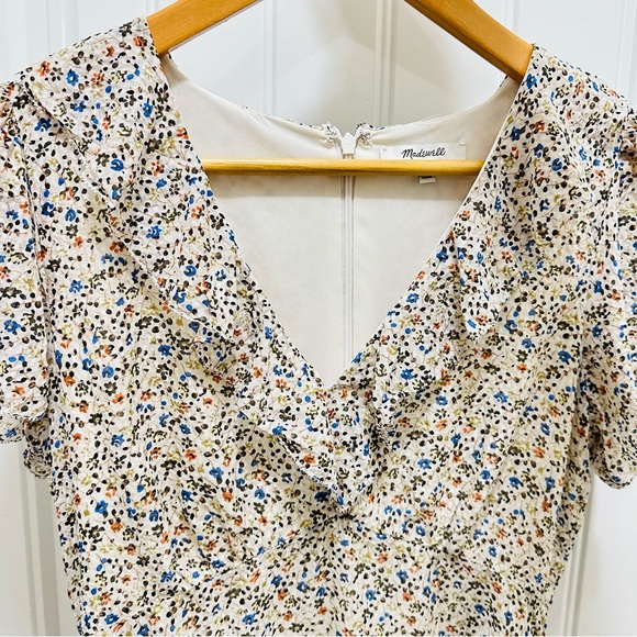 Madewell Floral Ruffle Neck Lined Short Sleeve Mini Dress Size 0 - Picture 9 of 10